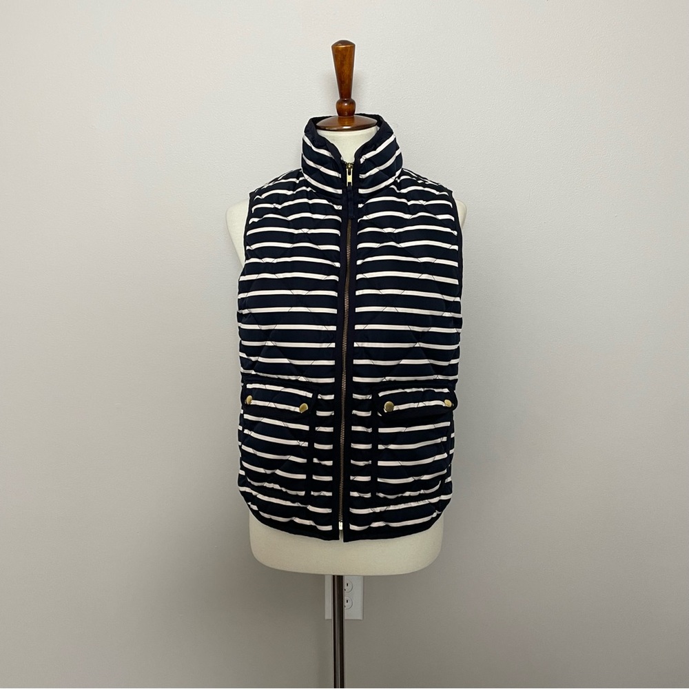 J Crew Vest Puffer Down Feathers Full Zip Striped Pockets Lined Blue Cream Gold